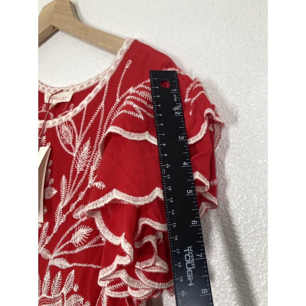 Solitaire Blouse Womens Medium Red Floral Embroidered Ruffle Flutter Top Boho - Picture 9 of 16